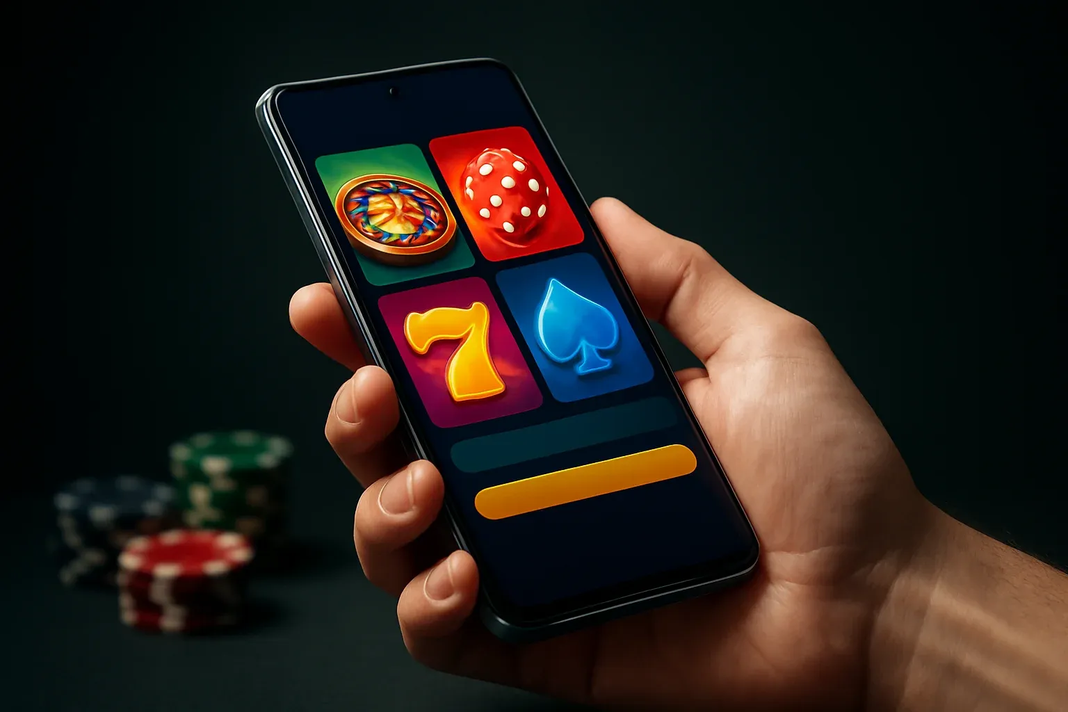 Flagship Android smartphone showing vivid casino app interface in dramatic lighting