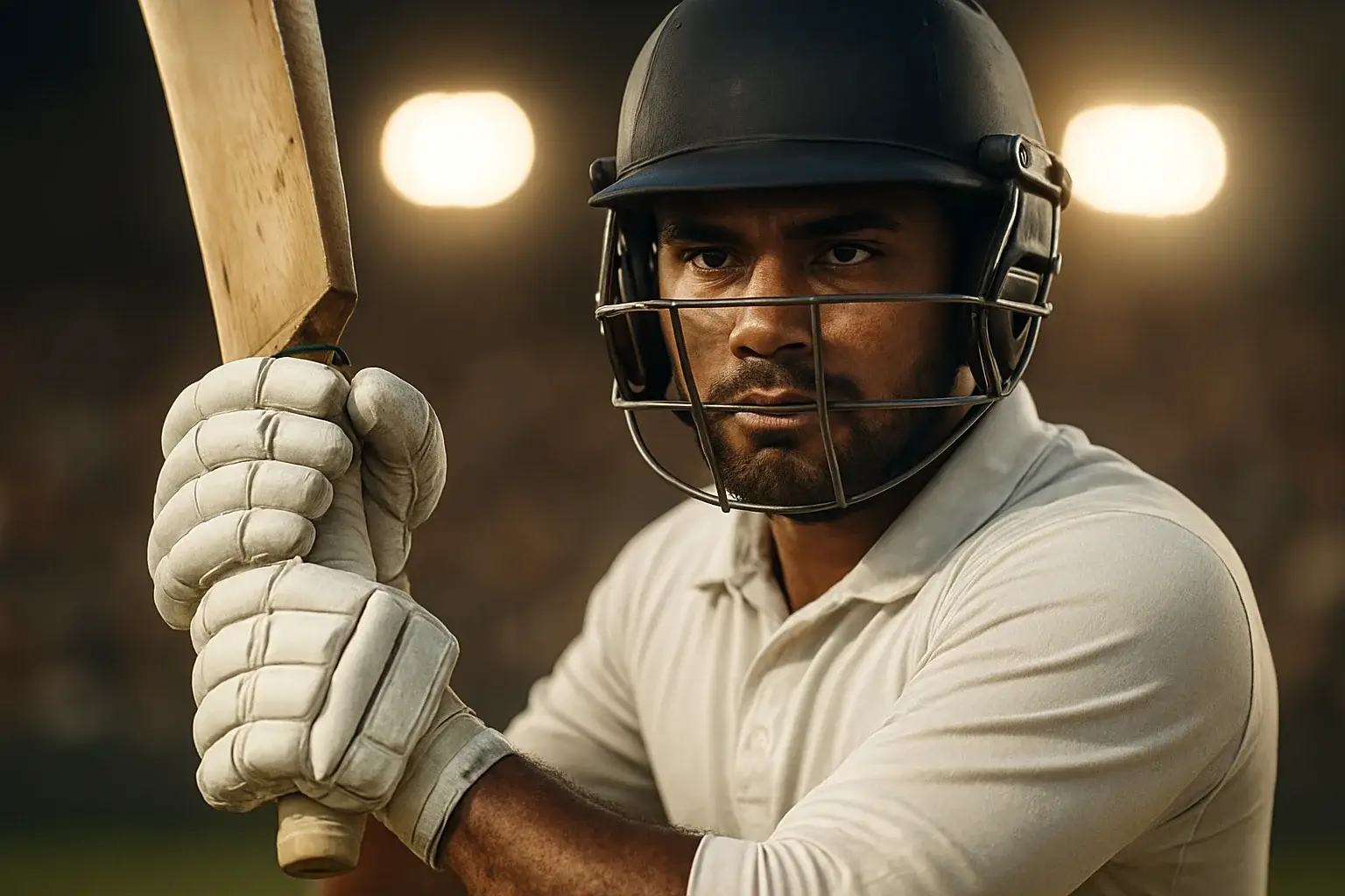 Bangladeshi cricket batsman in white kit mid-swing under stadium lights