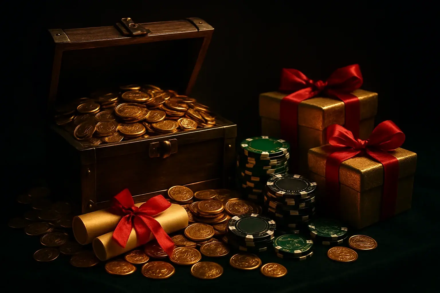 Overflowing treasure chest with gold coins, casino chips, vouchers, and gifts