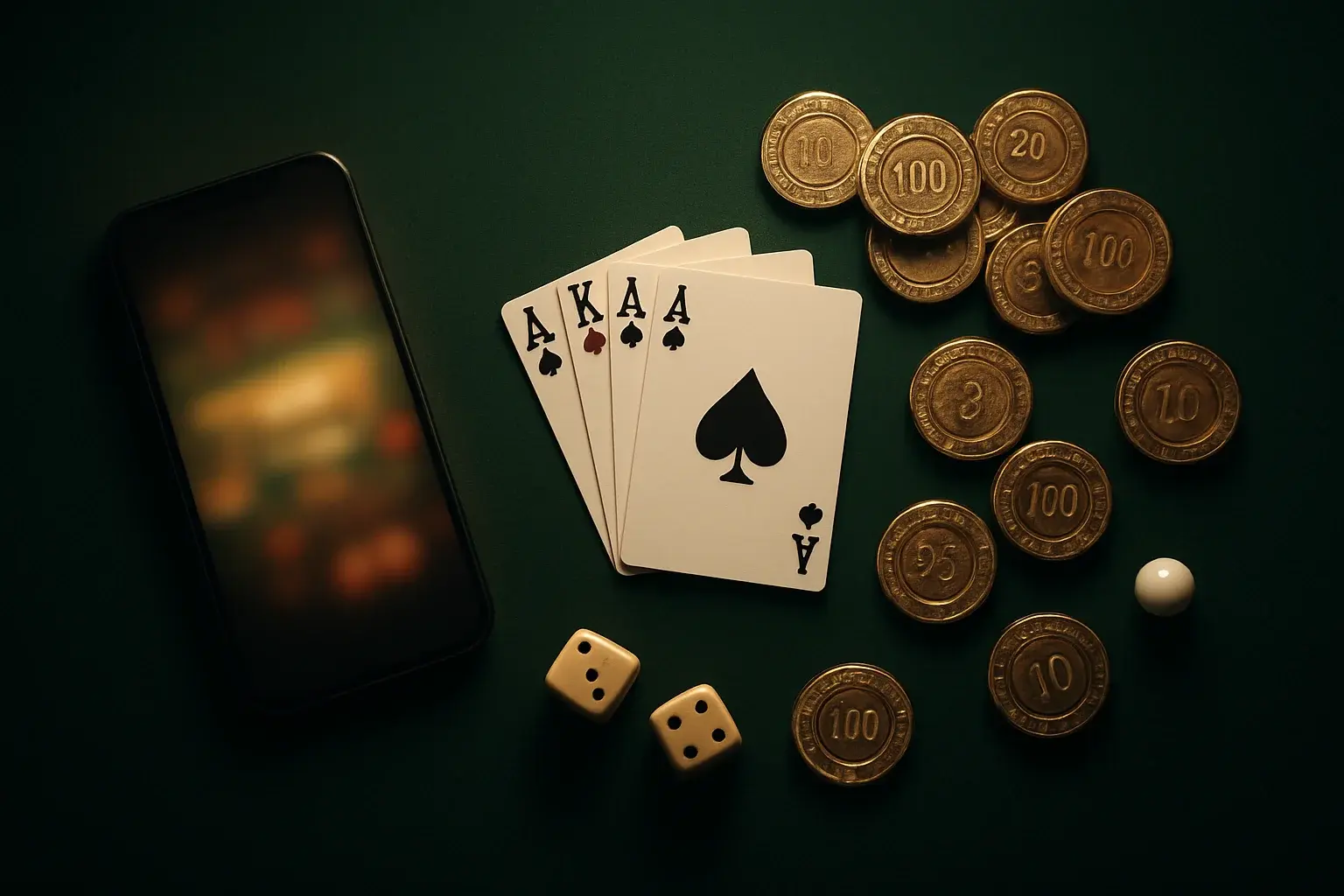 Top-down casino table with gold chips, cards, dice, roulette ball, smartphone
