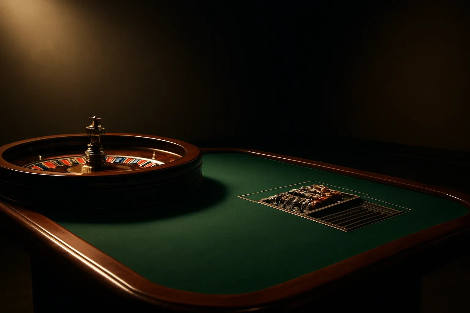 Hyperrealistic live casino studio with empty roulette table and dramatic lighting