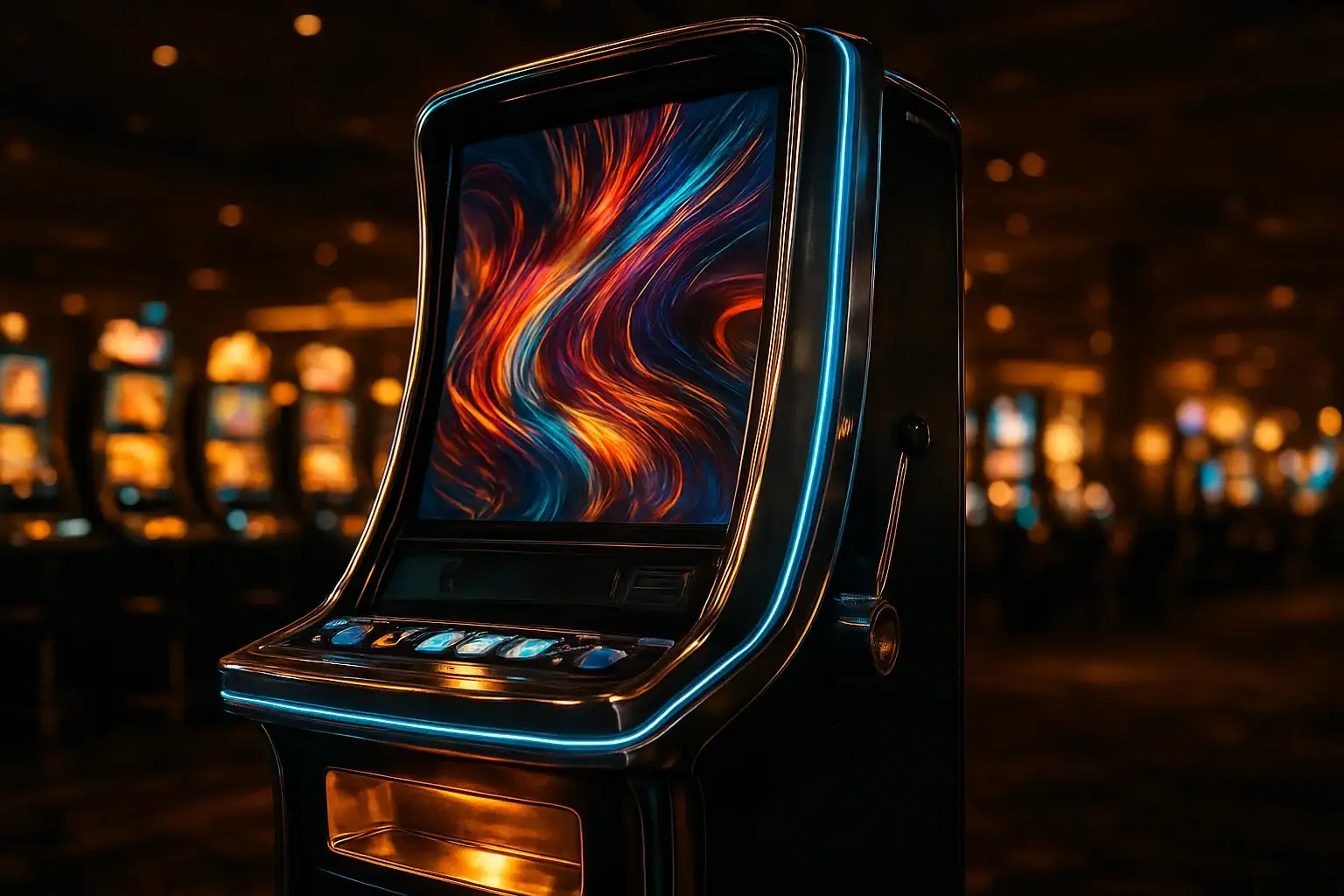 Hyperrealistic premium slot machine glowing in dark luxury casino floor